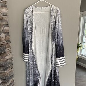 Black and White  and blue Ombre Long Cardigan